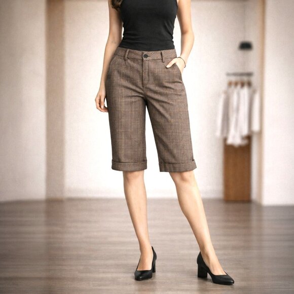 Fox Pants - Fox Women’s Bermuda Shorts Brown Plaid Cuffed Size 5 – 11.5” Inseam